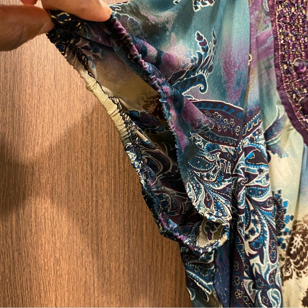 DRESSBARN Y2K Paisley Smocked Blouse Size 1X Beaded Embroidered Mesh Neckline - Picture 6 of 11